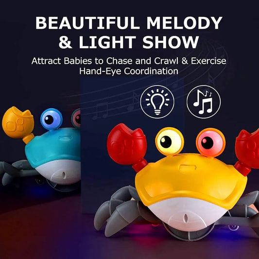 Electric Runaway Crab Crawling Crab Baby Toy with Music and LED Light Up Toddler Interactive Learning Development Toy with Automatically Avoid Obstacles For Babies, Toddlers and Kids